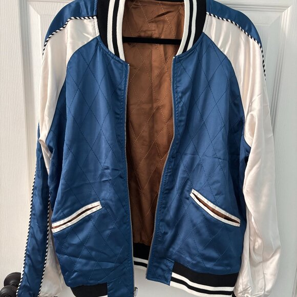 Straight to Hell Blue and White Satin Bomber Jacket - Picture 1 of 3